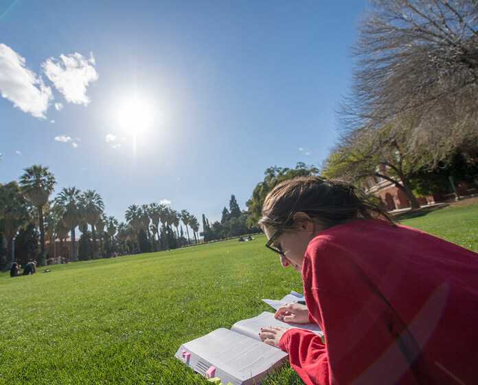 student studying on the grass outside on the U黄色电影 campus