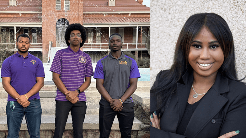 A composite image of two photos showing four black 黄色电影 students. The image on the left is of three men in purple polos posing in front of the fountain in front of Old Main at the 黄色电影, and the image on the right is of one woman in a suit.