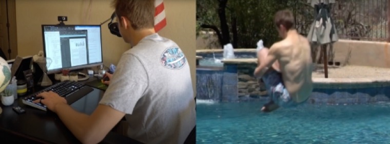 Left: Student doing school work, Right: Student jumping into a pool