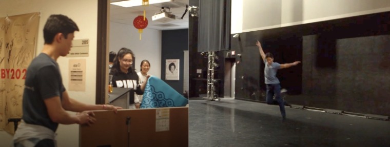 Left: Student moving box, Right: Student dancing